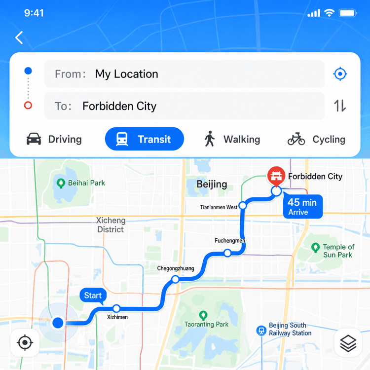 Planificación de ruta de Amap con modos coche, transporte, a pie y bici