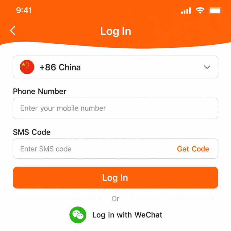 Pantalla de registro de Dianping con número de teléfono internacional