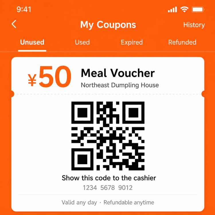 Código QR de cupón de Dianping mostrado en caja