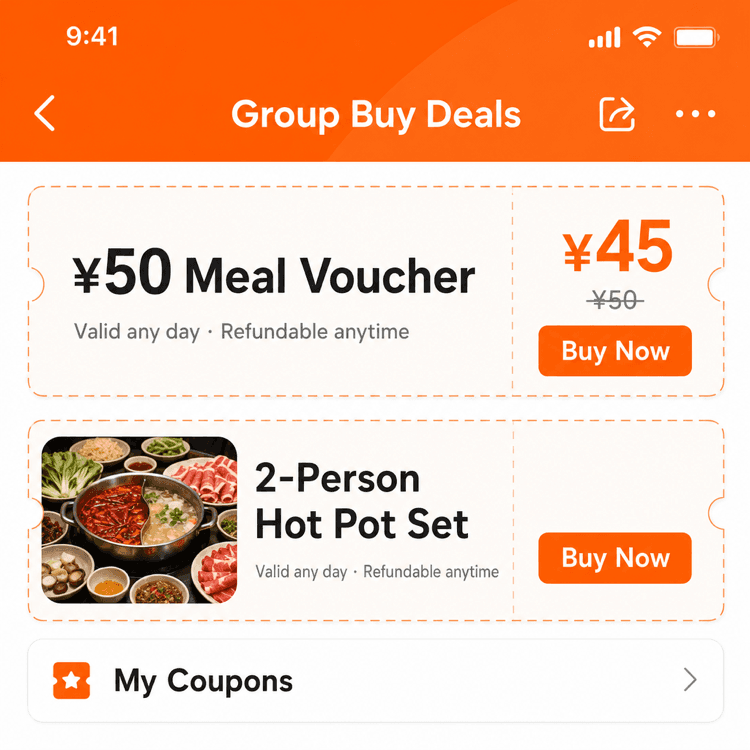 Oferta de compra en grupo de Dianping en la página de un restaurante
