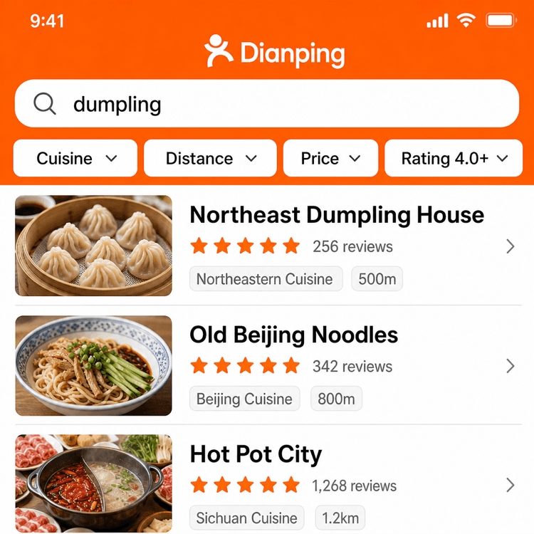 Resultados de búsqueda de restaurantes cercanos con filtros en Dianping