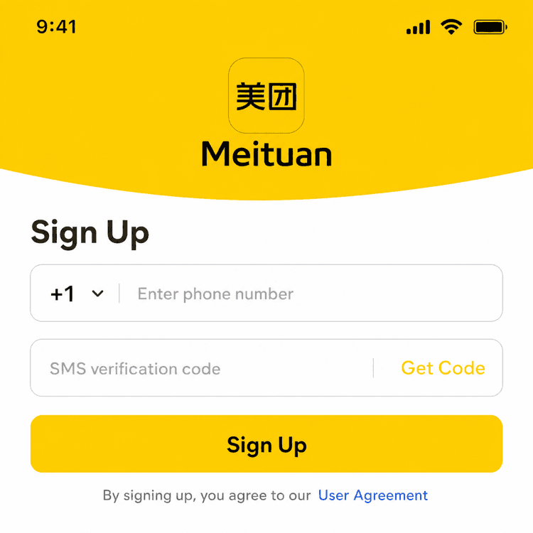 Pantalla de registro de Meituan con número de teléfono