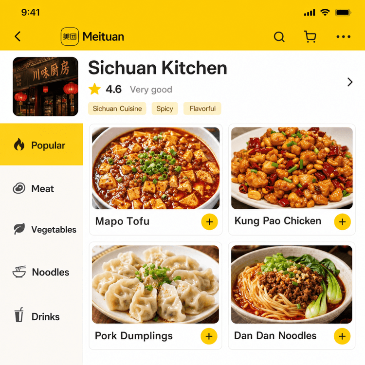 Página de restaurante en Meituan con fotos de los platos