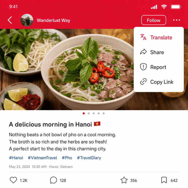 Xiaohongshu Post-Menü mit Übersetzen-Option