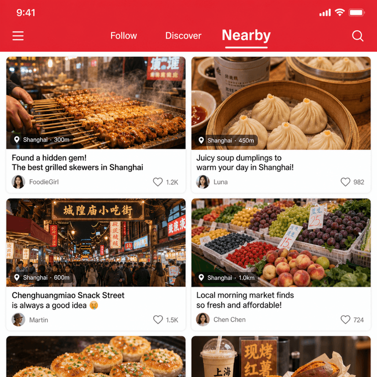 Xiaohongshu Tab In der Nähe mit lokalen Posts