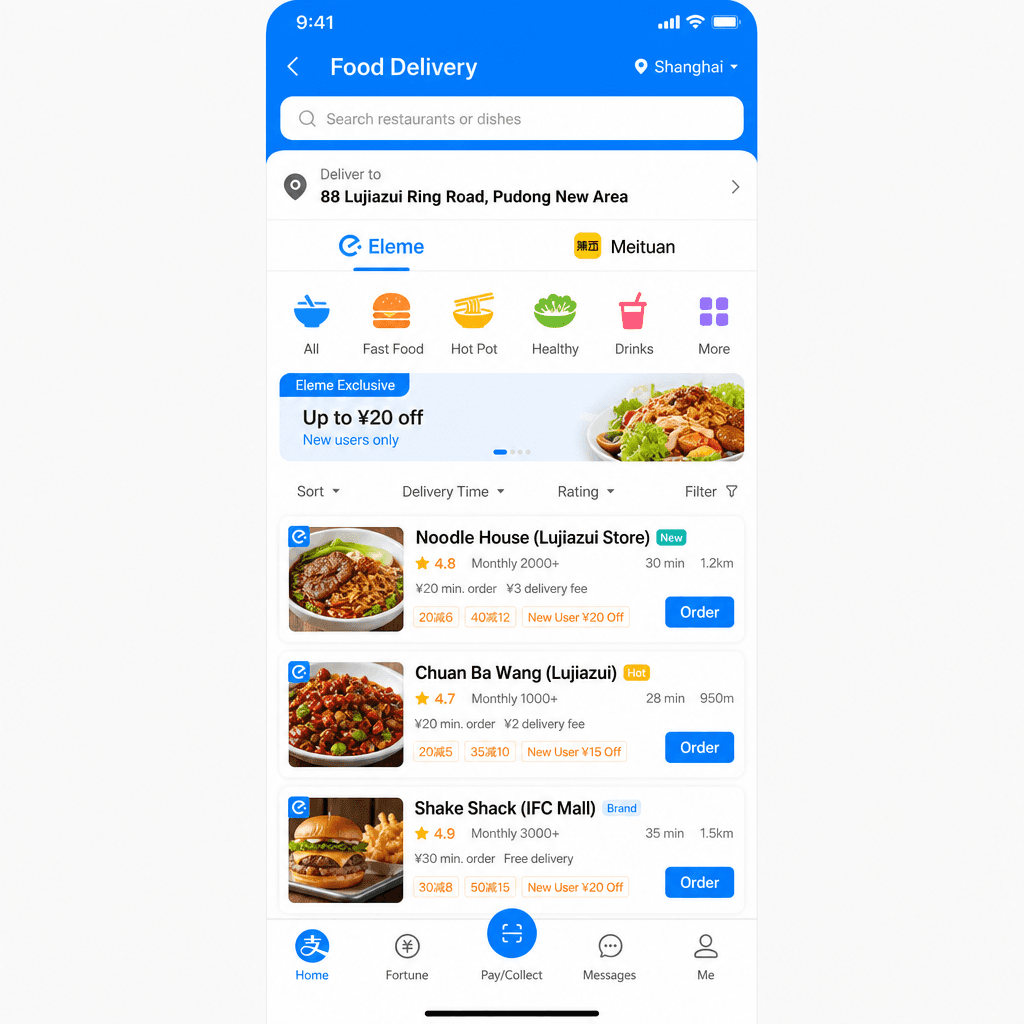 Écran de commande de livraison de repas Alipay