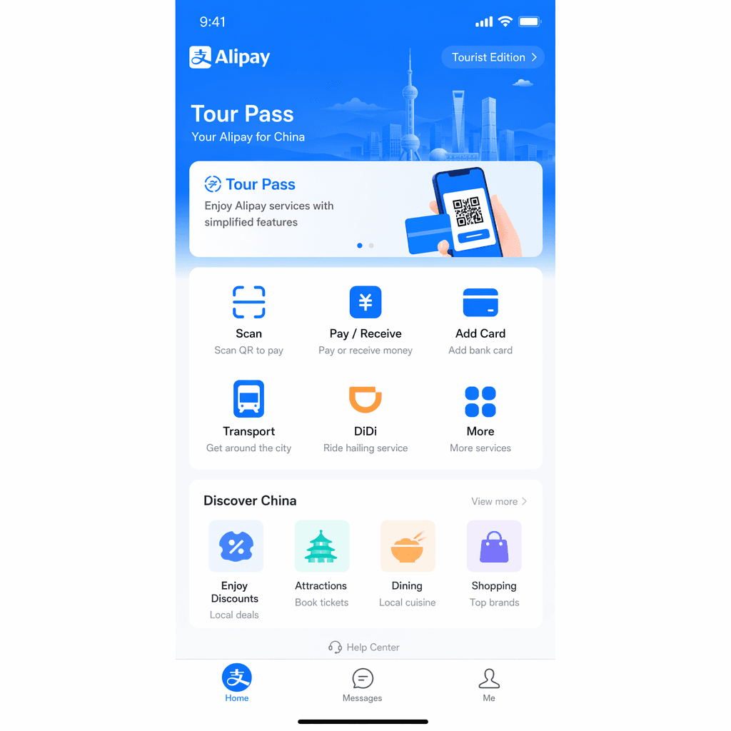 Écran de l'édition touriste du pass touriste Alipay