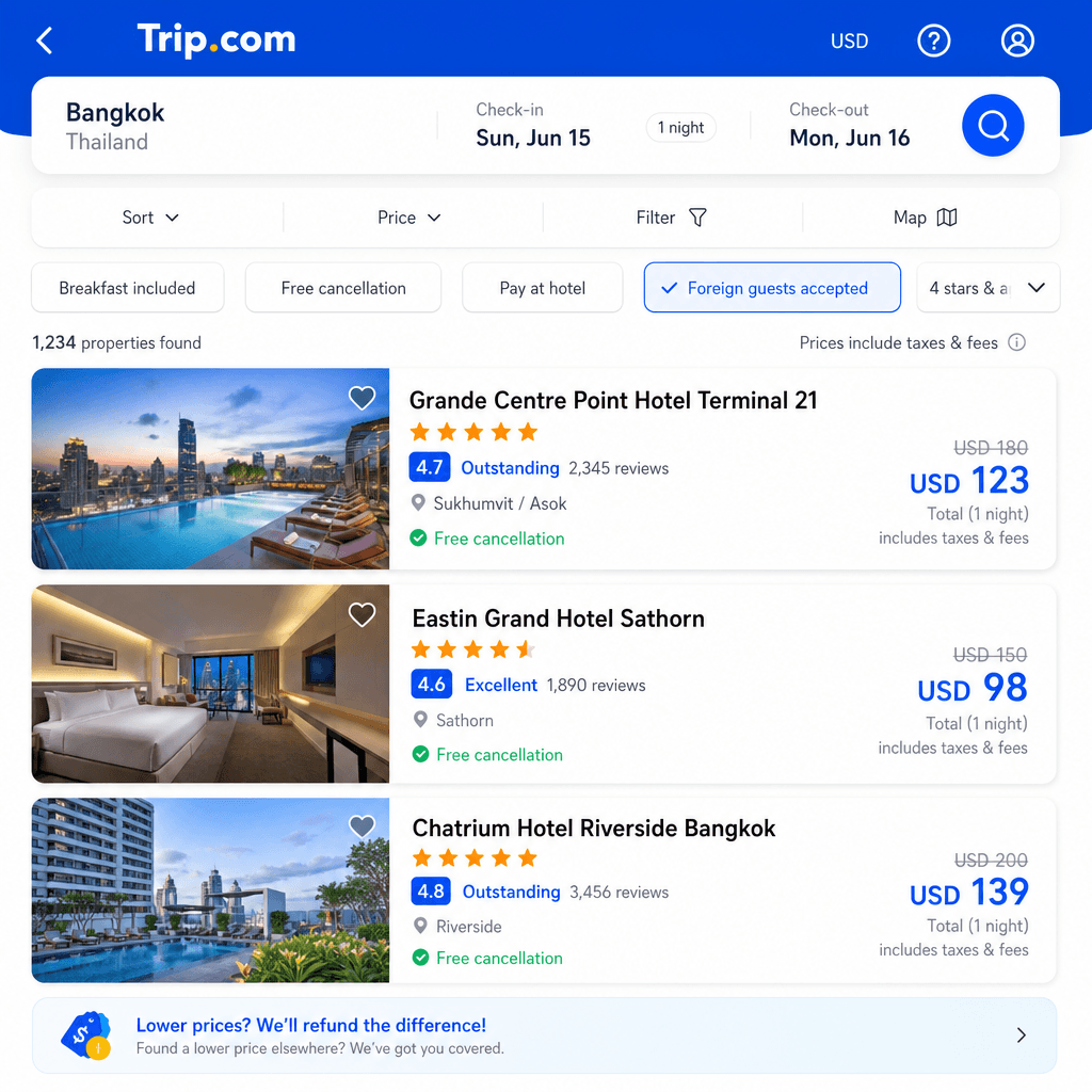 Búsqueda de hoteles en Trip.com con filtro de huéspedes extranjeros aceptados