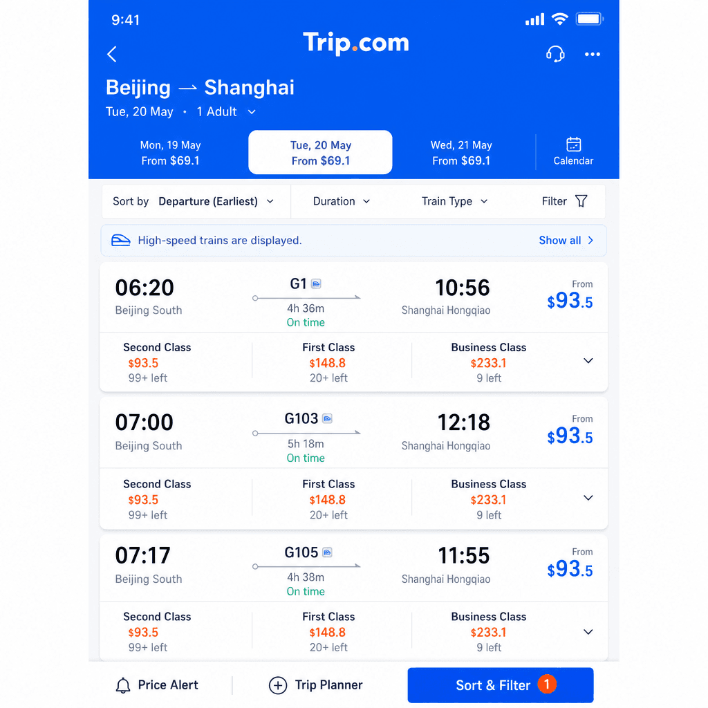 Resultados de búsqueda de trenes en Trip.com con opciones de clase