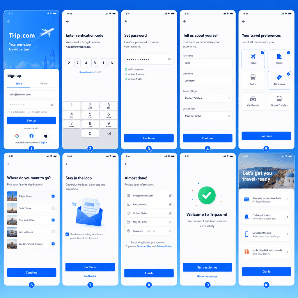 Pantalla de registro y configuración de Trip.com