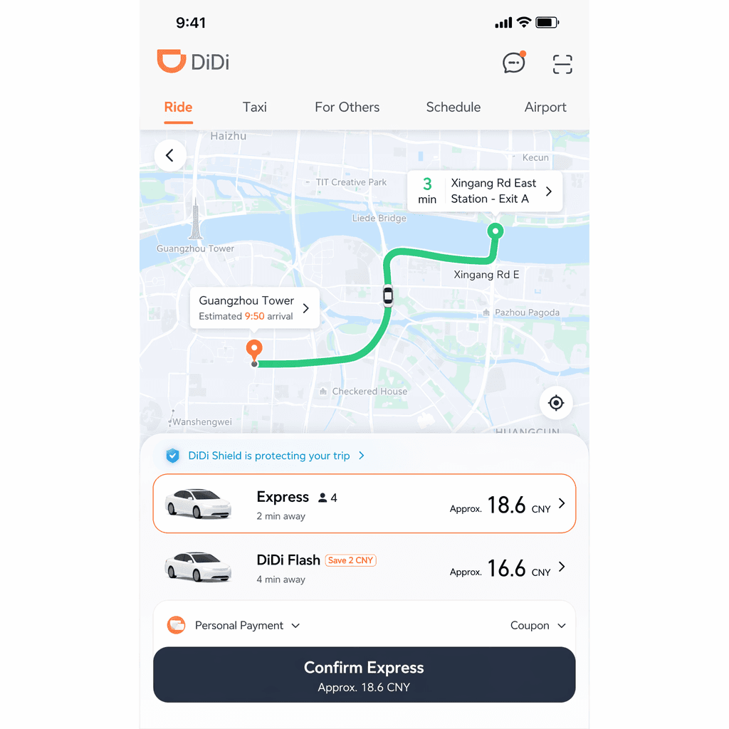 Carte de réservation Didi avec point de départ et destination