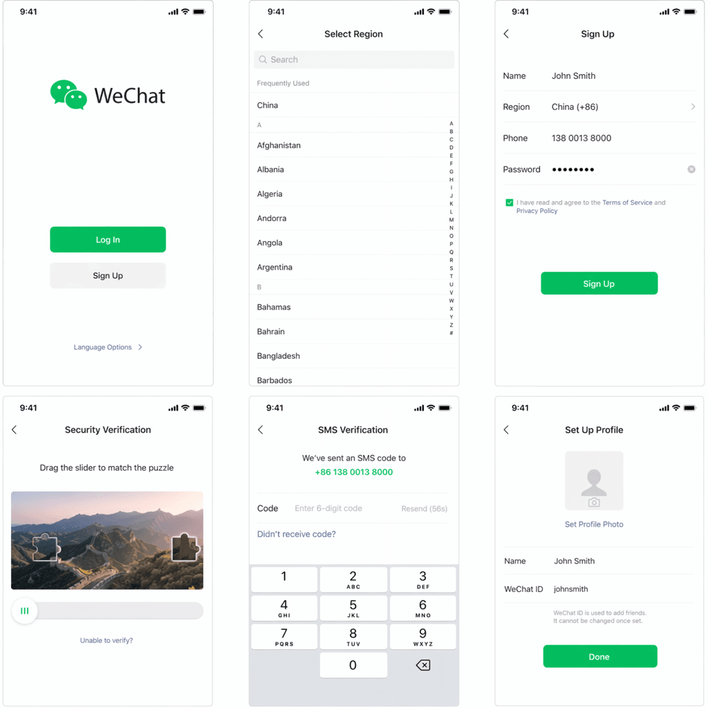 Pantalla de registro y configuración de WeChat