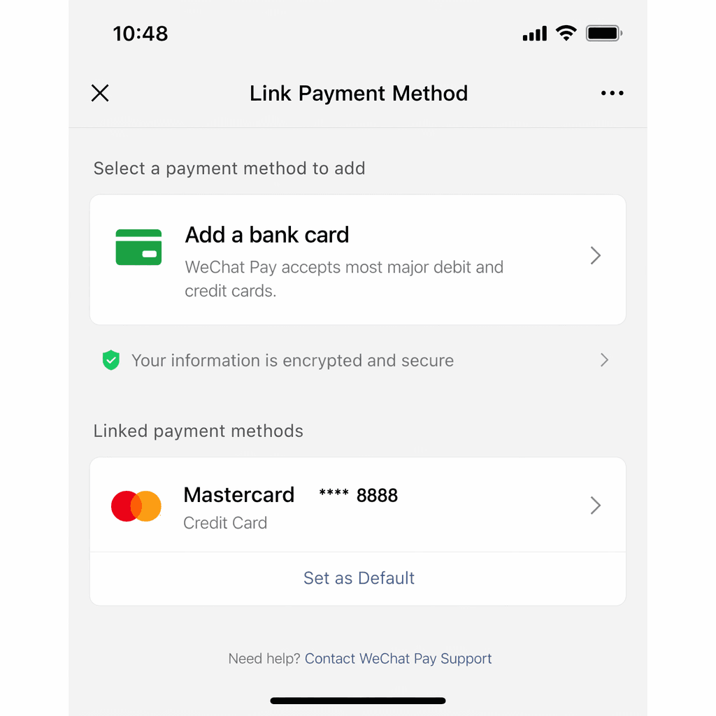Pantalla de configuración de tarjeta WeChat Pay