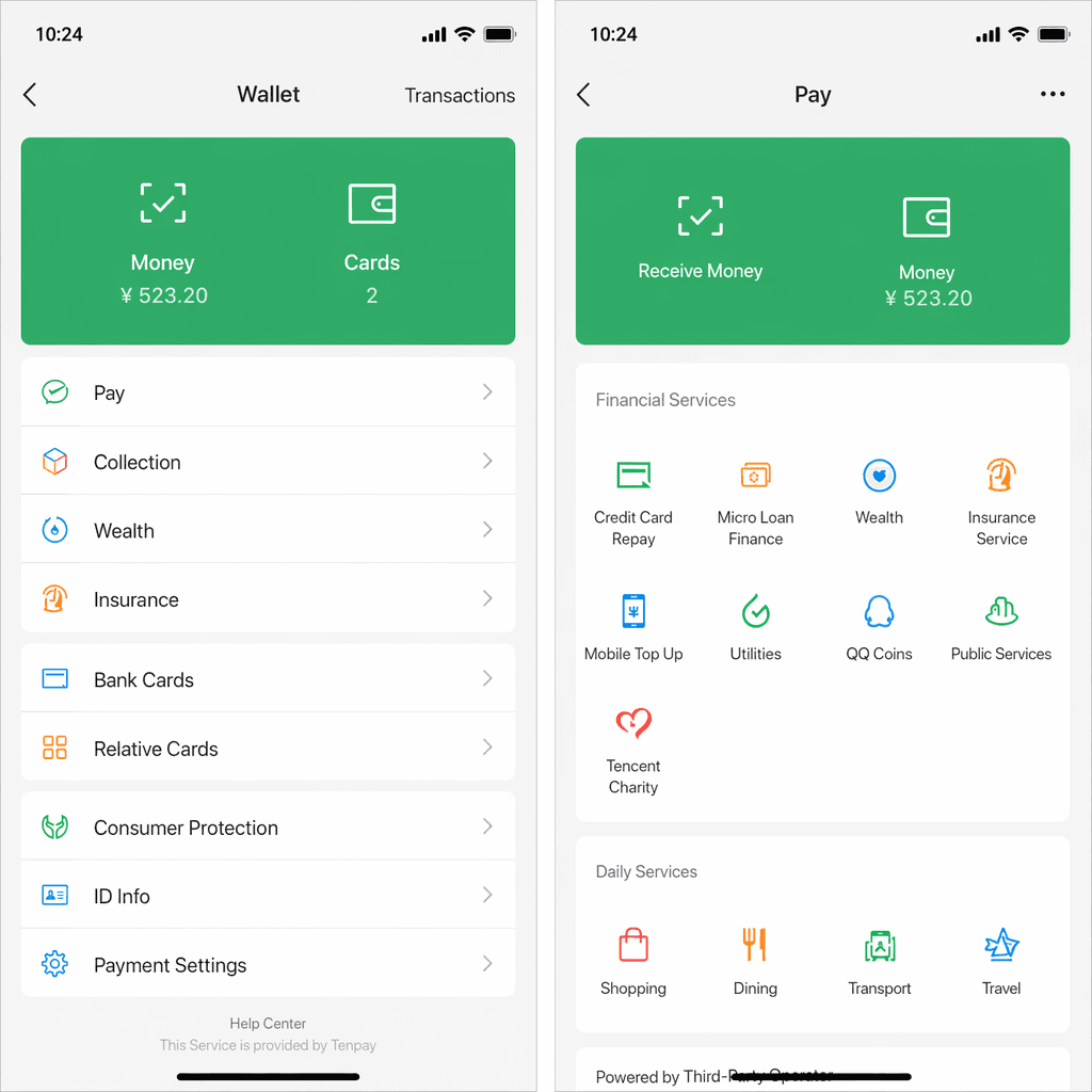 Pantalla de saldo y opciones de pago de WeChat