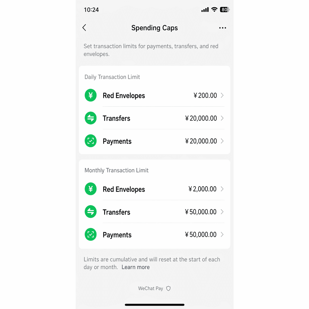 Pantalla de límites de transacción de WeChat
