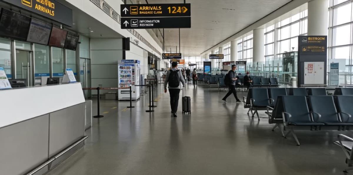 Le hall des arrivées de l'aéroport de Zhangjiajie Hehua avec une signalétique bilingue pour les arrivées et la récupération des bagages