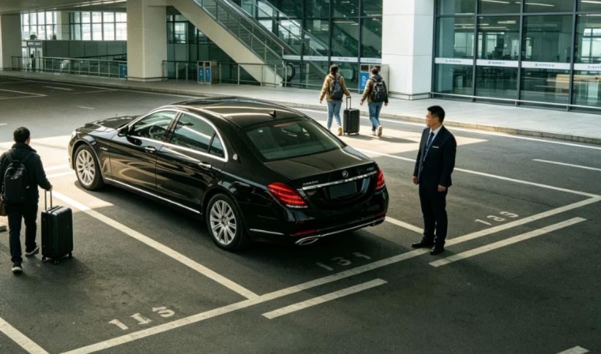 Une voiture privée réservée à l'avance attendant dans la zone de prise en charge du parking de l'aéroport