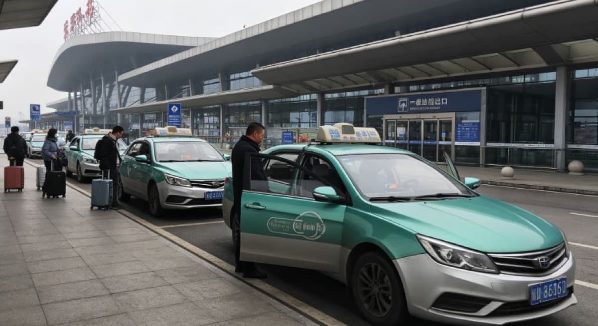 Taxis officiels faisant la queue à la sortie des arrivées de l'aéroport de Zhangjiajie Hehua