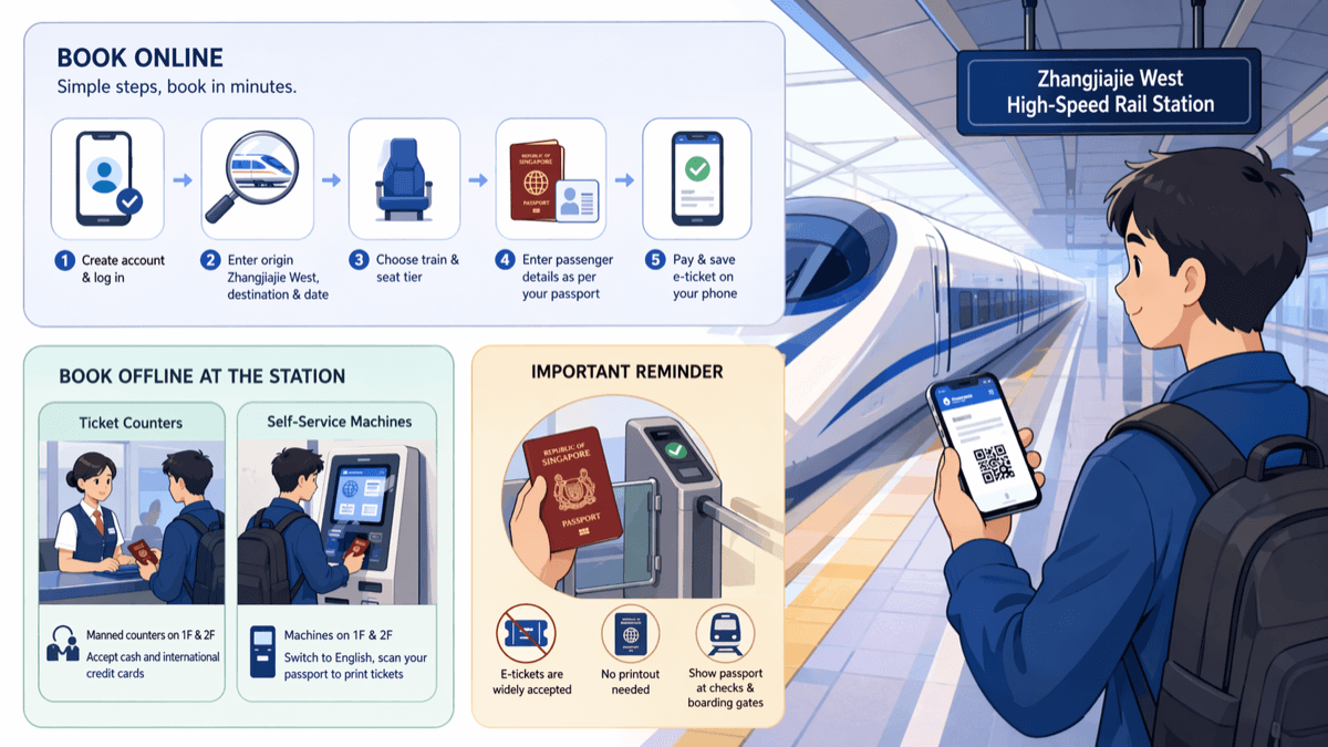 Infografik mit den Online-Buchungsschritten, den Fahrkartenschaltern und Automaten am Bahnhof sowie dem Hinweis, dass E-Tickets keinen Ausdruck brauchen — zeigen Sie Ihren Reisepass an den Kontrollen
