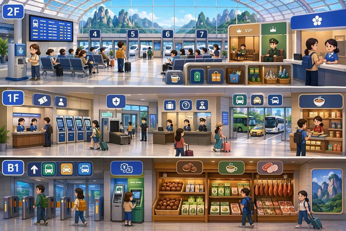 Illustrierter Querschnitt des Bahnhofs Zhangjiajie West mit der Abfertigungshalle 2F, der Bahnsteigebene 1F und der Ankunftsebene B1