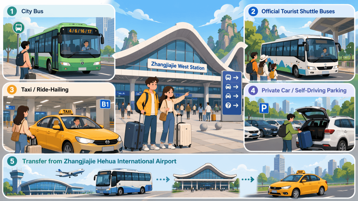 Infografik zum Anschlussverkehr ab Bahnhof Zhangjiajie West: Stadtbusse, offizielle Touristen-Shuttlebusse, Taxi und Fahrdienst, Privatwagen-Parken und Flughafentransfer